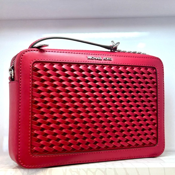 Michael Kors Jet Set Large Woven Crossbody Bag Dark Raspberry - Picture 1 of 9